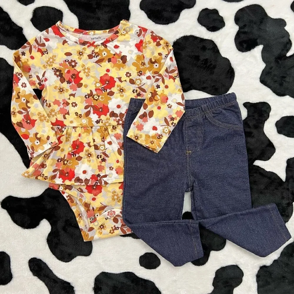 Fall Floral Baby Girl Longsleeve Peplum Bodysuit & Pant Set Size 12 months